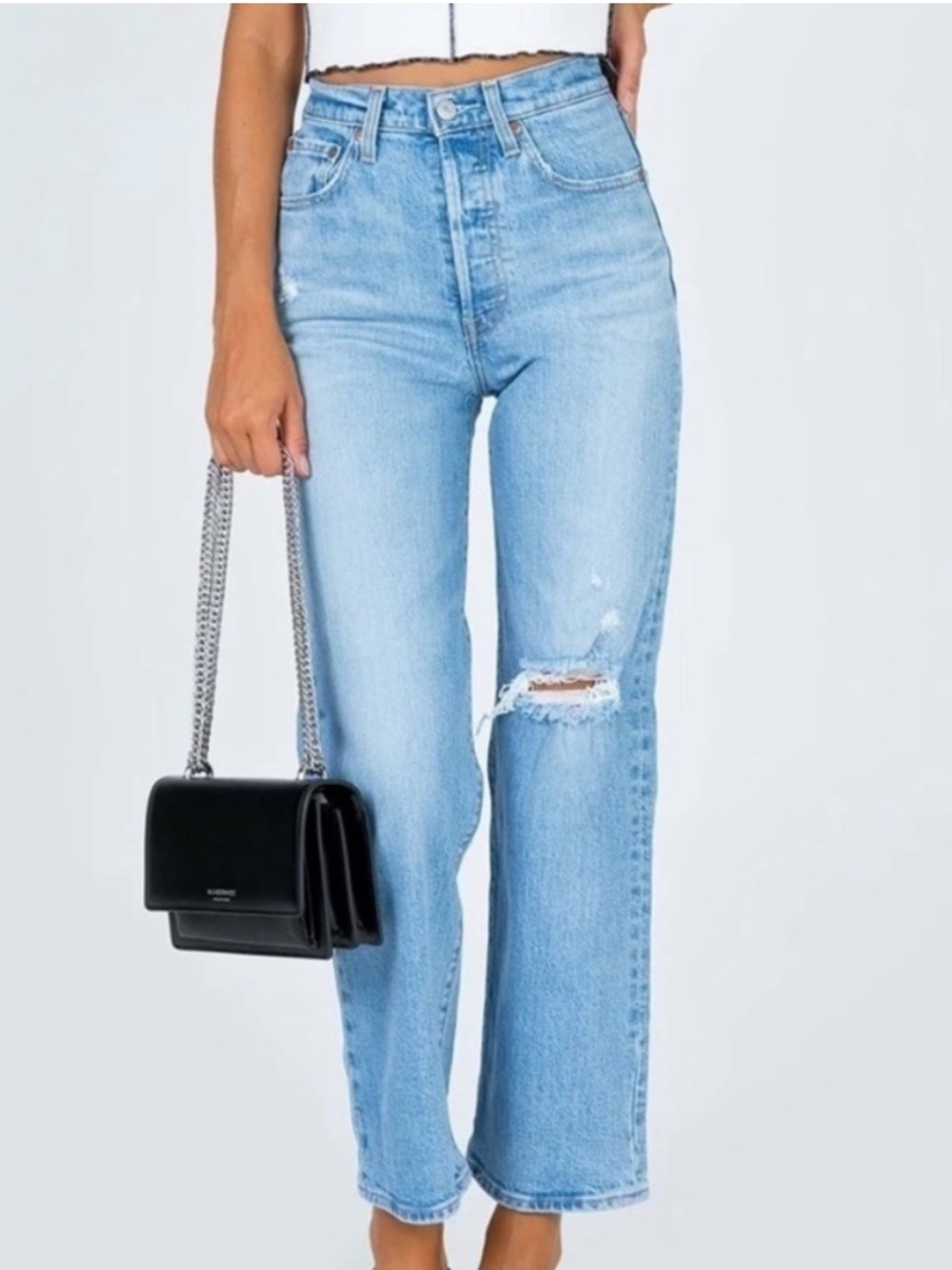 Levi's Wedgie Light Blue Straight Leg Jeans with Knee Distress